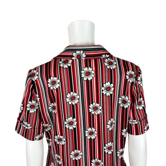 Vintage 70s Floral Print Top Women's Medium Red Black Daisies Stripes Blouse - Picture 11 of 11